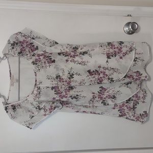 Floral Overlay Short Sleeve Top - White & Purple